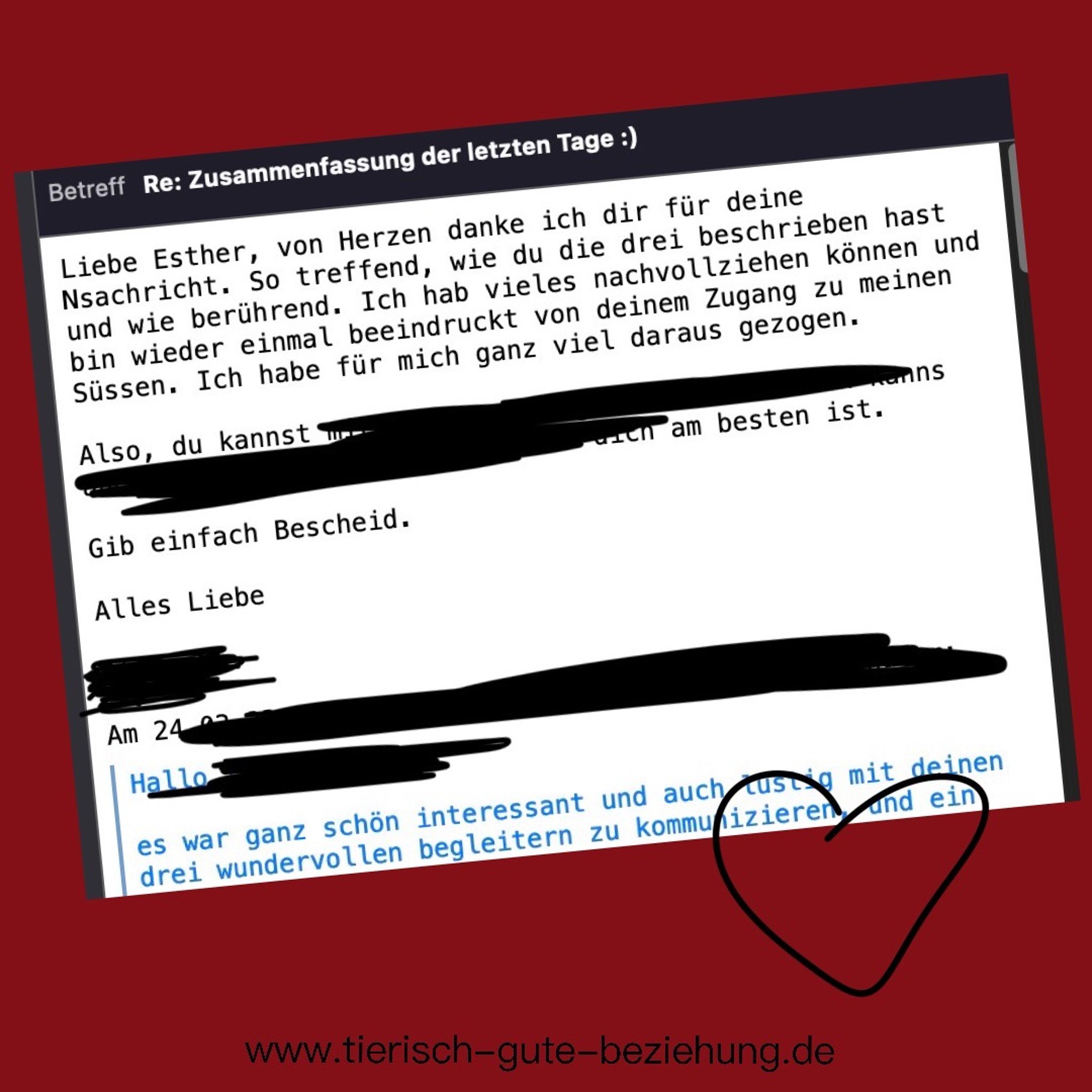 Screenshot einer dankbaren E-Mail-Antwort an „Esther“. Die Kundin bedankt sich für eine berührende Nachricht