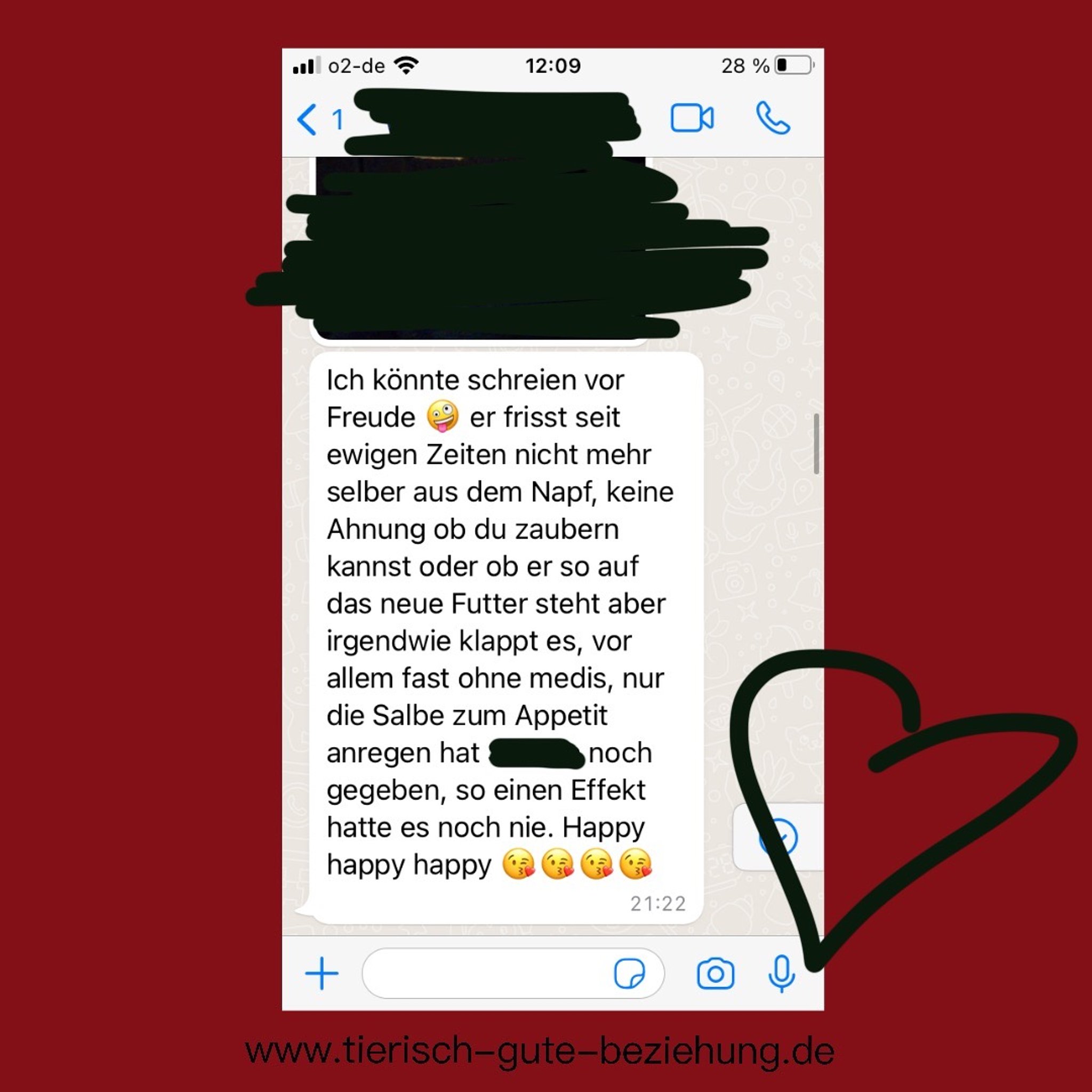 Screenshot einer WhatsApp-Nachricht, in der eine Kundin ihre riesige Freude darüber teilt, dass ihr Tier nach langer Zeit endlich wieder eigenständig aus dem Napf frisst