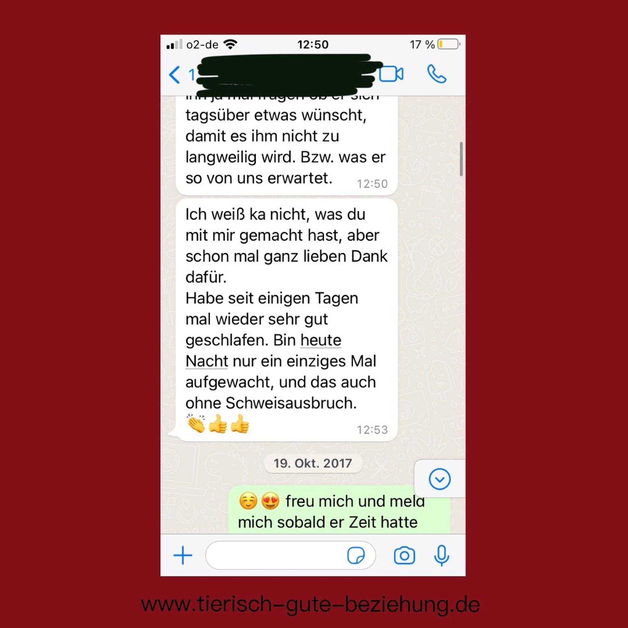 Screenshot einer WhatsApp-Nachricht, in der eine Kundin erleichtert berichtet, seit einigen Tagen wieder sehr gut zu schlafen