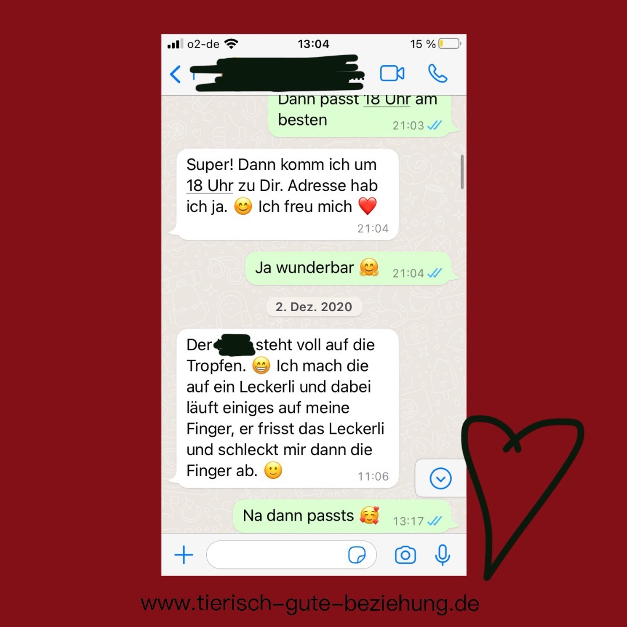Screenshot eines WhatsApp-Dialogs. Eine Kundin berichtet erfreut, dass ihr Tier „voll auf die Tropfen steht“