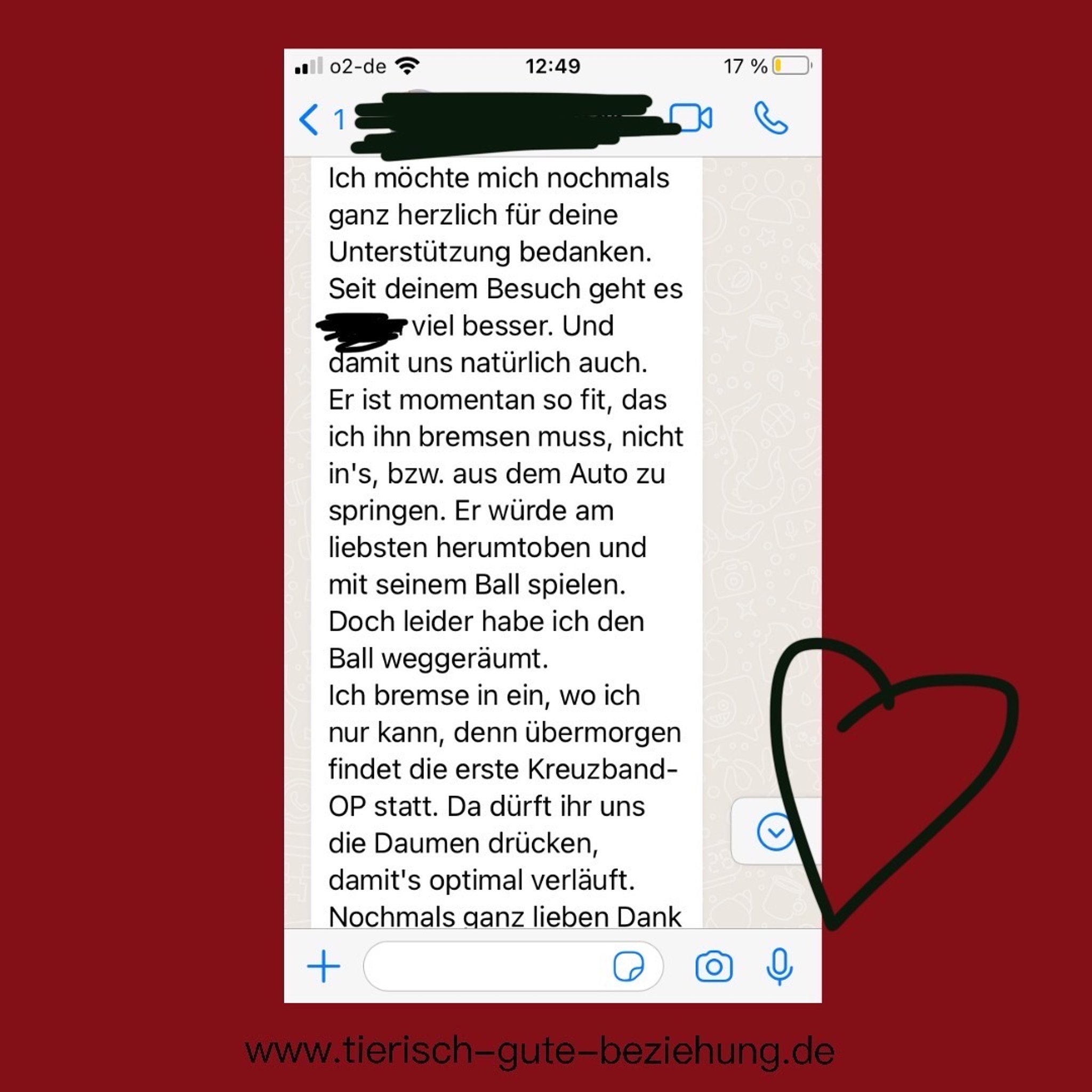 Screenshot einer WhatsApp-Nachricht, in der sich ein Kunde herzlich für die Unterstützung bedankt.