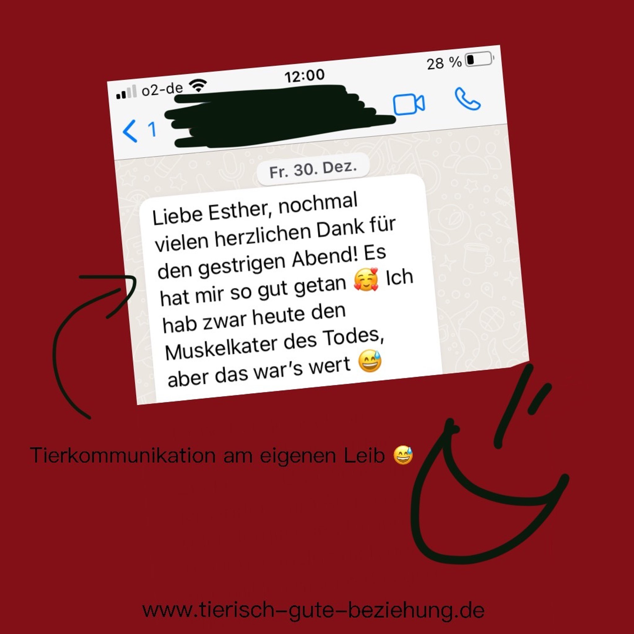 Screenshot einer WhatsApp-Nachricht, in der sich eine Kundin für einen bereichernden Abend bedankt
