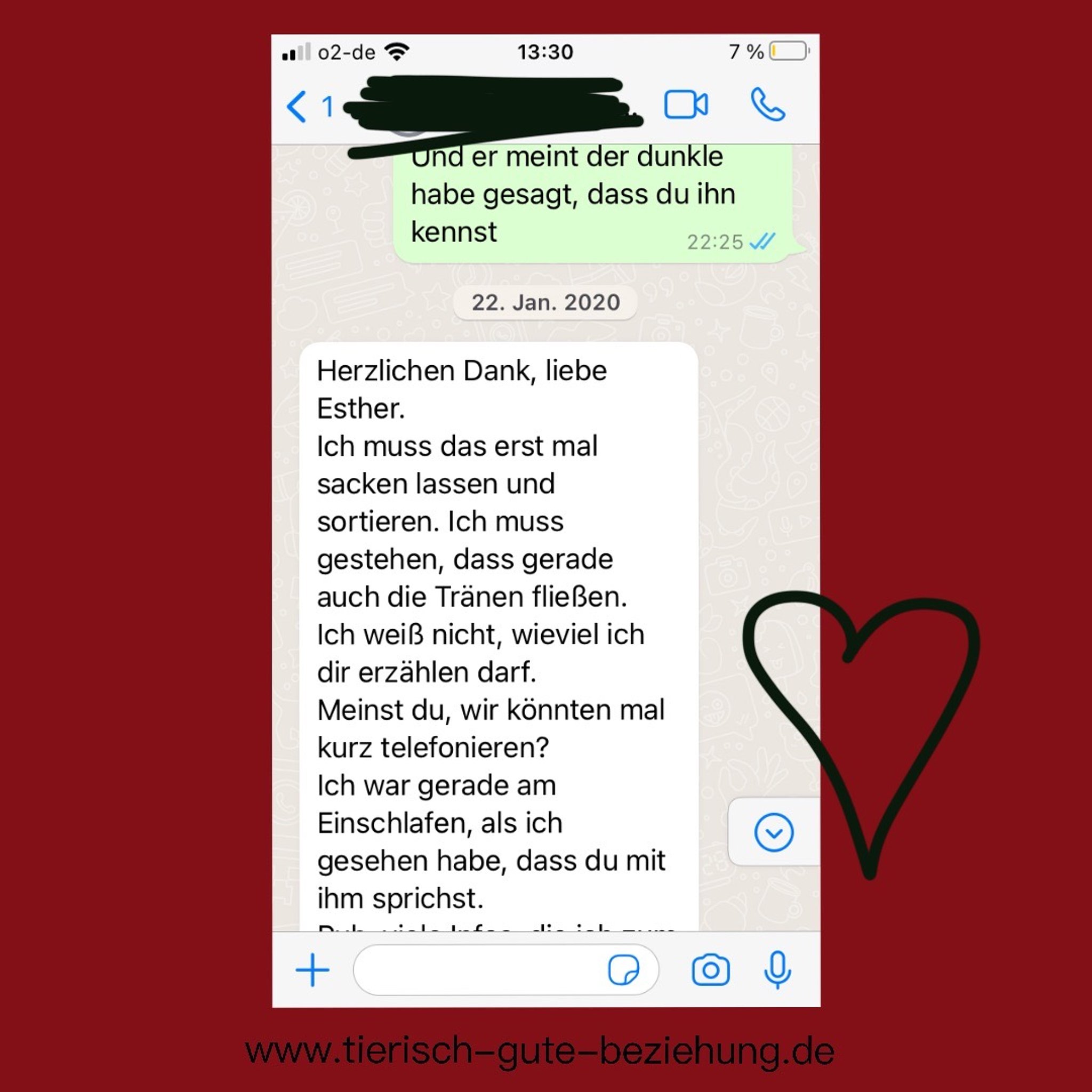 Eine Kundin bedankt sich herzlich bei Esther und beschreibt, dass sie die Informationen erst einmal „sacken lassen“ muss