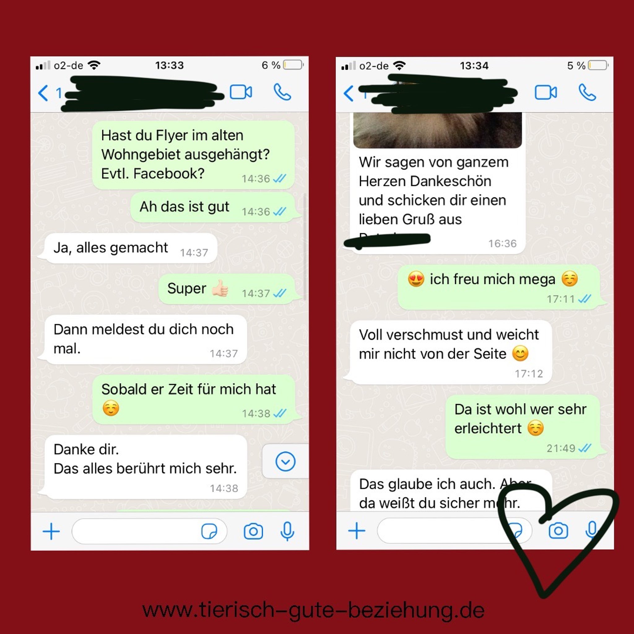 Eine Kundin berichtet erleichtert, dass ihr Tier nun „voll verschmust“ ist und ihr „nicht von der Seite weicht"