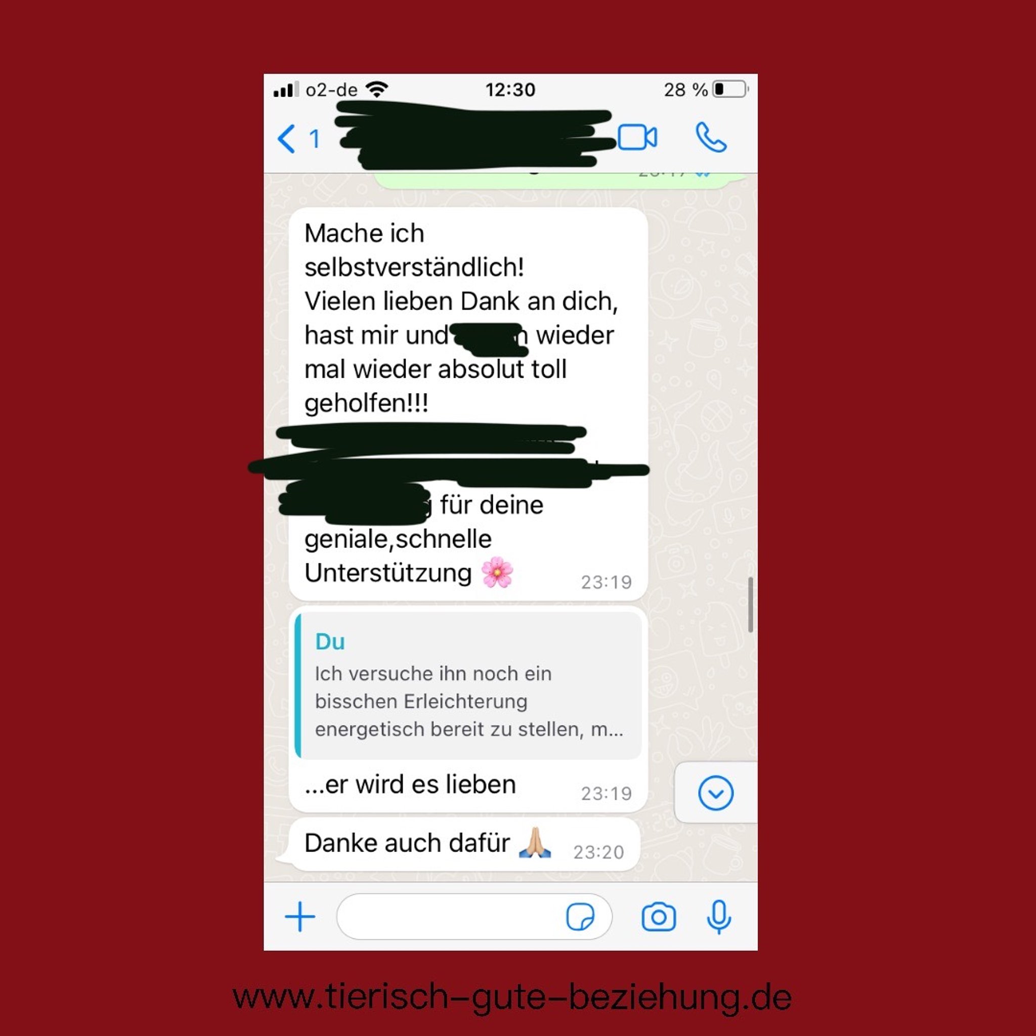 Screenshot eines WhatsApp-Dialogs, in dem sich eine Kundin herzlich für die „genaue und schnelle Unterstützung“ bedankt
